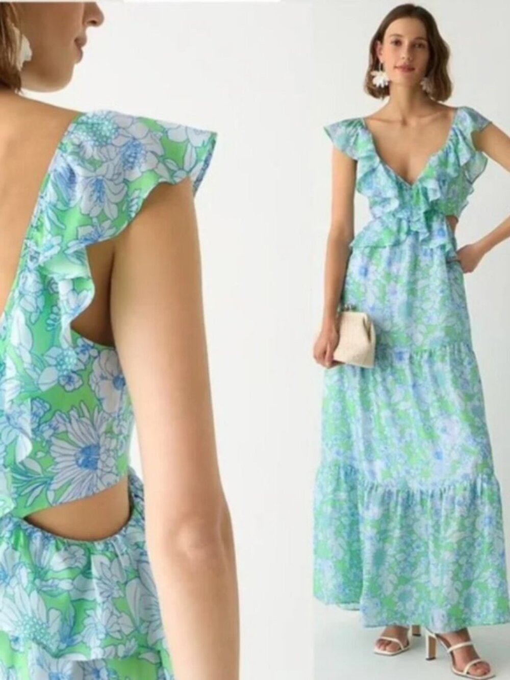 J.Crew Collection Women’s 6 Ruffle Trim Cutout Floral Maxi Dress Green Blue BP99
